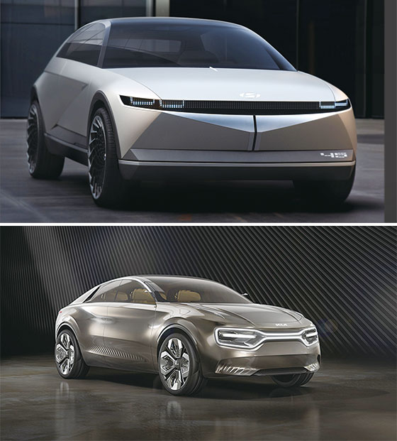 2019 프랑크푸르트모터쇼에서 공개된 현대자동차 EV 콘셉트카(위)는 올해 출시될 전기차 아이오닉5 기반이 된다. 기아는 아이오닉5와 경쟁할 전기차 CV(프로젝트명, 아래)를 선보인다.
